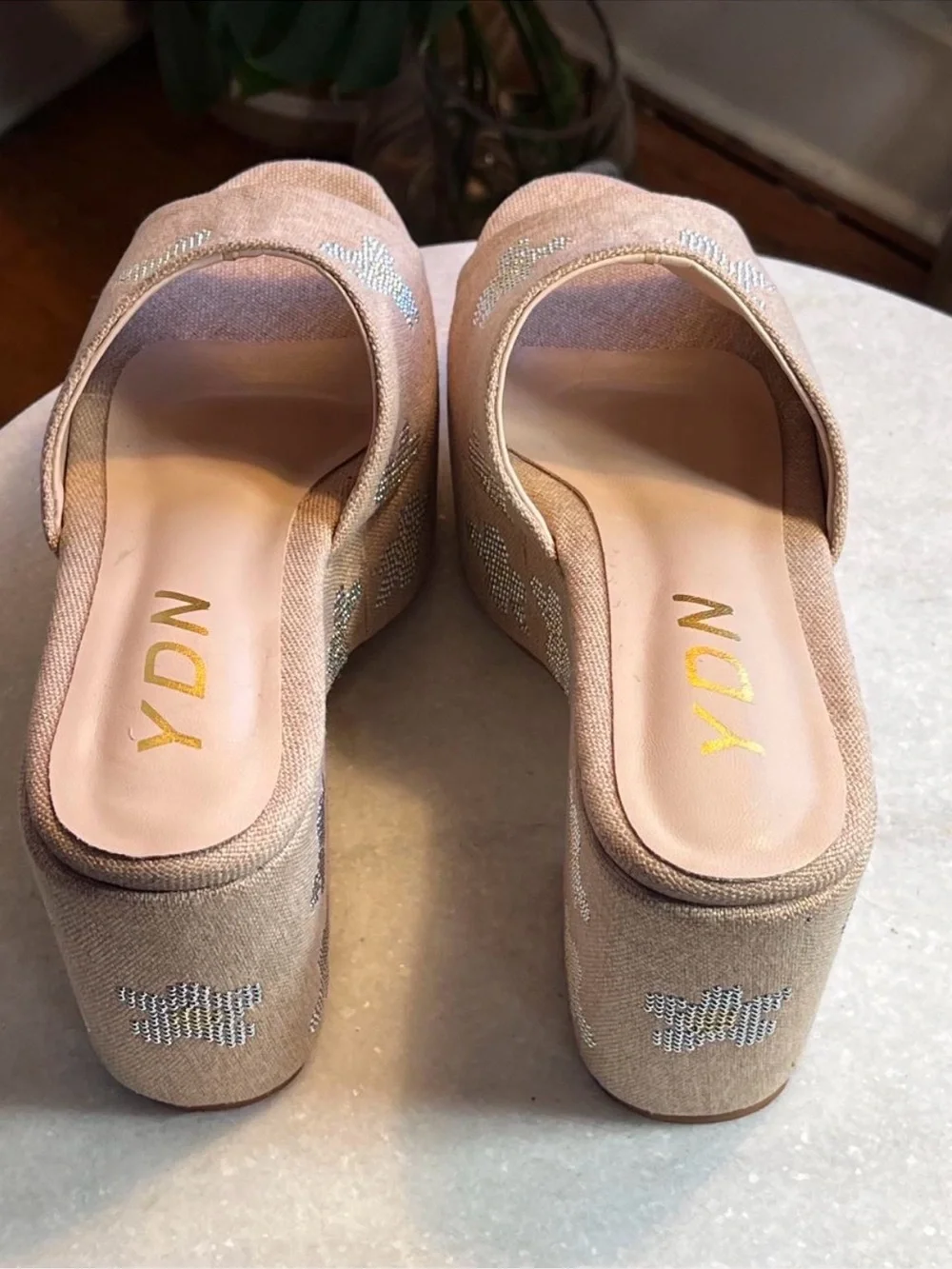 YDN Beige Platform Slide Mules with Silver Studded Flowers